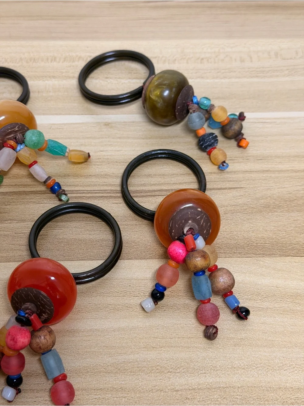 Vintage Pier 1 Beaded Wooden Glass Napkin Rings Kitchen Lot of 6 New Rare